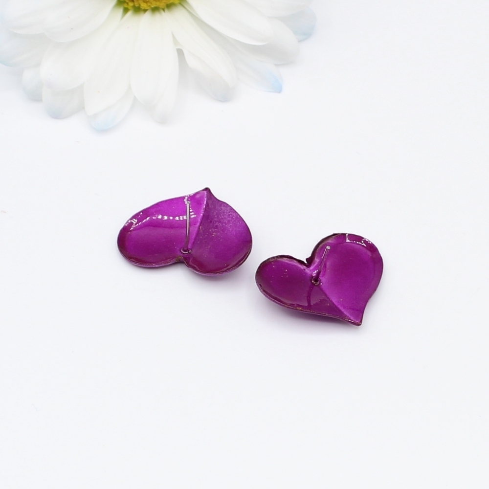 Vintage purple enamel heart earrings - Picture 2 of 4